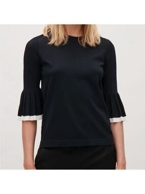 COS Knit Top Womens XS Black Viscose Pleated Sleeves Minimalist Shirt